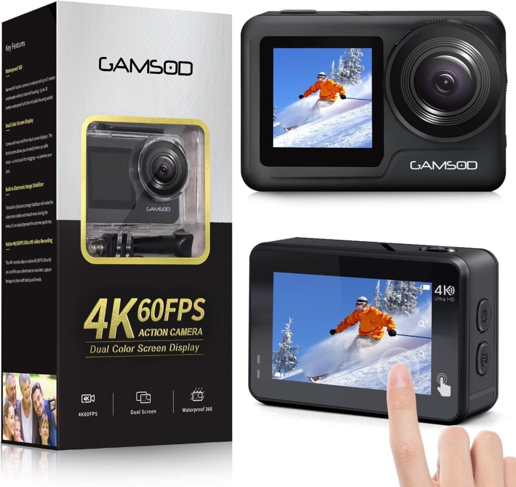 GAMSOD 4K 60FPS 20MP WiFi Action Camera with Front LCD & Touch Rear Screens, 131 Feet Waterproof, Stabilization, EIS 2.0, Remote Control Outdoor Sports Camera, Vlog Underwater Camera with 2X Batteries