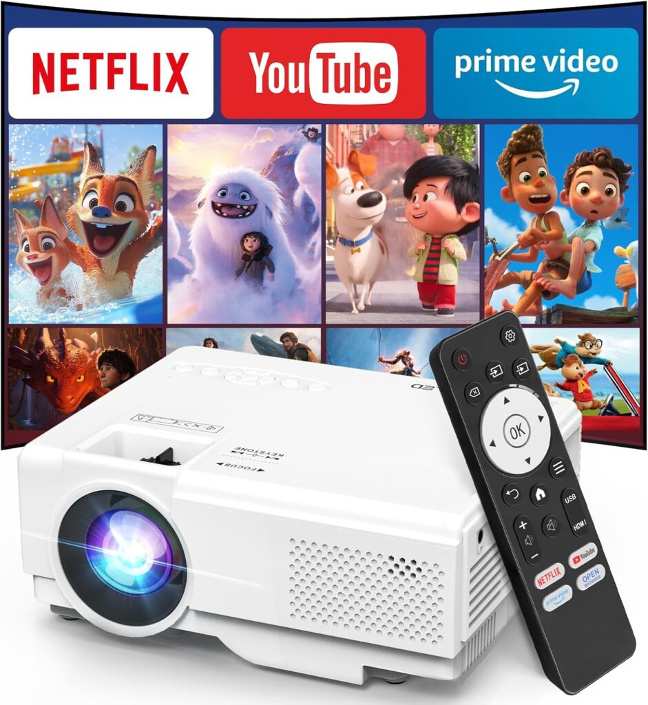 【Netflix Officially】NISOO Smart Projector with WiFi and Bluetooth, Mini Movie Projector with Apps Built-in, 1080P Outdoor Projector for Phone/PC/HDMI/USB, Two-way Bluetooth, 50% Zoom