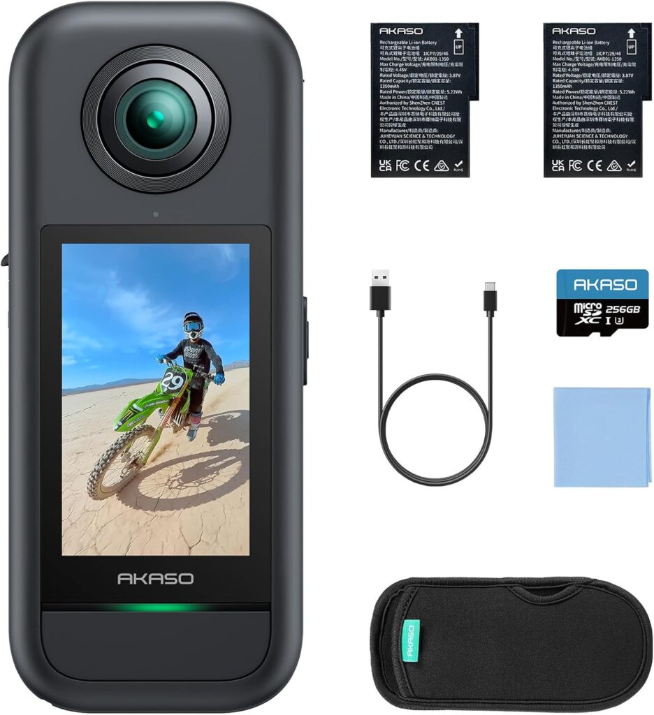 AKASO 360 Weatherproof 360° Action Camera – 5.7K 360 Video with 1/2″ 48MP Sensors, 72MP 360 Photo, SuperSmooth, Invisible Selfie Stick Effect, 360° Horizon Lock, AI Tracking with 256GB MicroSD Card