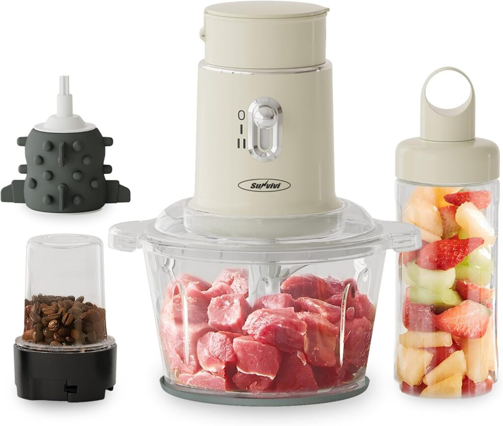 Sunvivi 250W Electric Food Chopper, 4 in 1 Food Grinder for Grinding Meat, Peeling Garlic & Juicing, Variable Speed Blender and Food Processor Combo with 1.5L Glass Bowl & 2 Cups (0.4L+0.2L), Beige