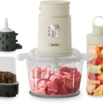 Sunvivi 250W Electric Food Chopper, 4 in 1 Food Grinder for Grinding Meat, Peeling Garlic & Juicing, Variable Speed Blender and Food Processor Combo with 1.5L Glass Bowl & 2 Cups (0.4L+0.2L), Beige