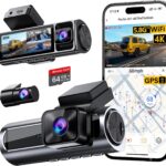4K 3 Channel Dash Cam Front and Rear Inside, Built-in 5.8GHz WiFi GPS, 64GB Card Included, 4K+1080P+1080P Dash Camera for Cars, 3.18” IPS Screen Dashcam with G-Sensor, 24H Parking Monitor