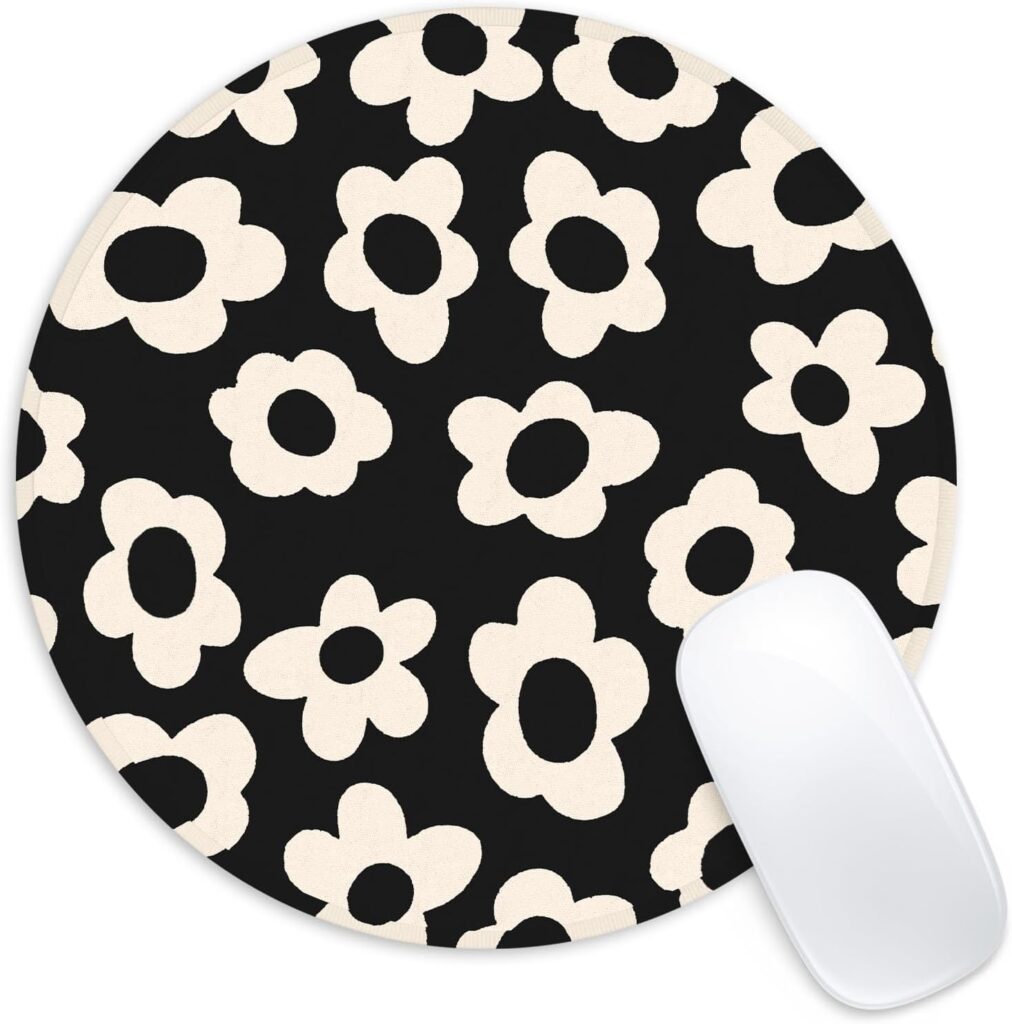 White Flower Round Mouse Mat – Funny Small Mouse Pad with Non-Slip Rubber Base for Home Office Decor – 8.7 Inch Round
