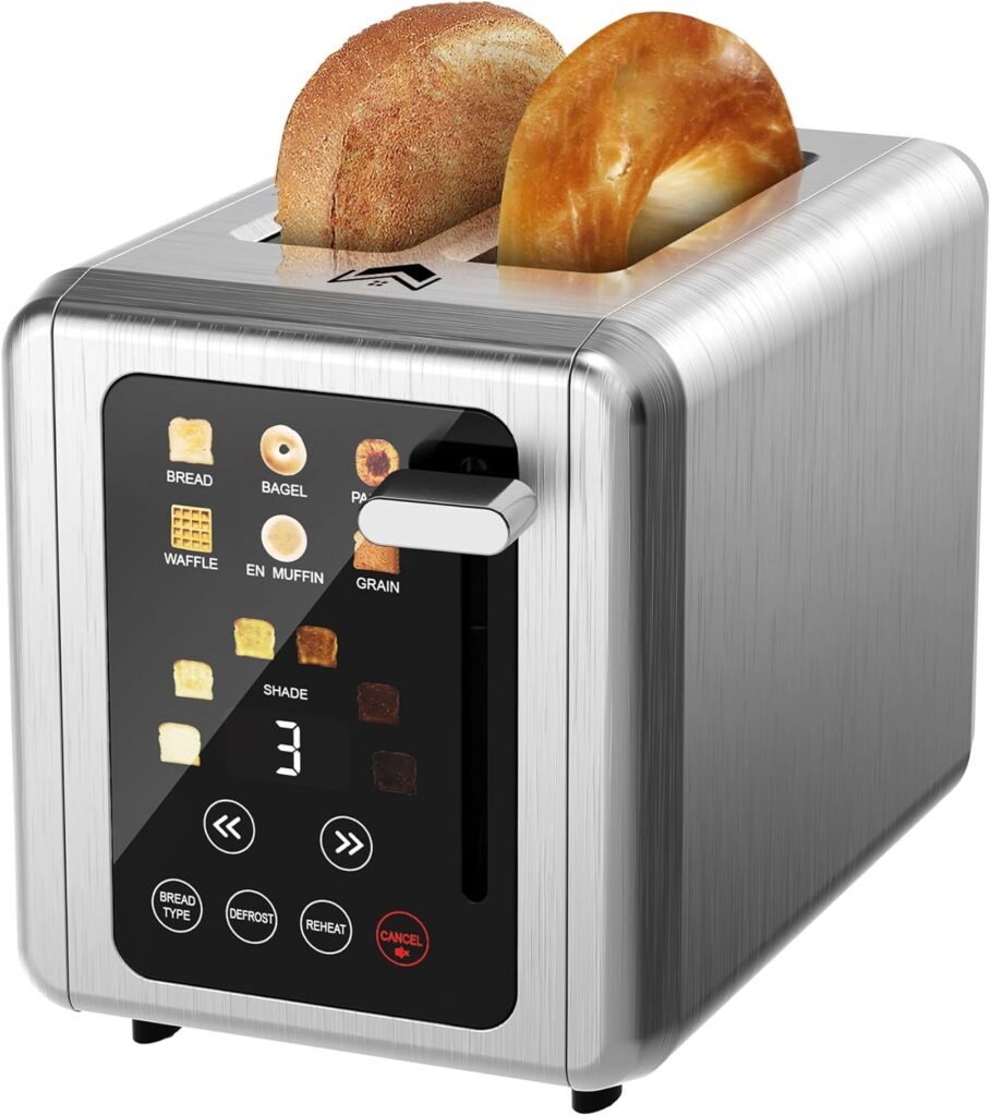 Touch screen Toaster 2 slice,Stainless Steel Digital Timer Toasters with Sound Function,6 Bread Types & 6 Shade Settings,Smart Extra Wide Slots Toaster with Bagel,Defrost Functions,Brushed steel
