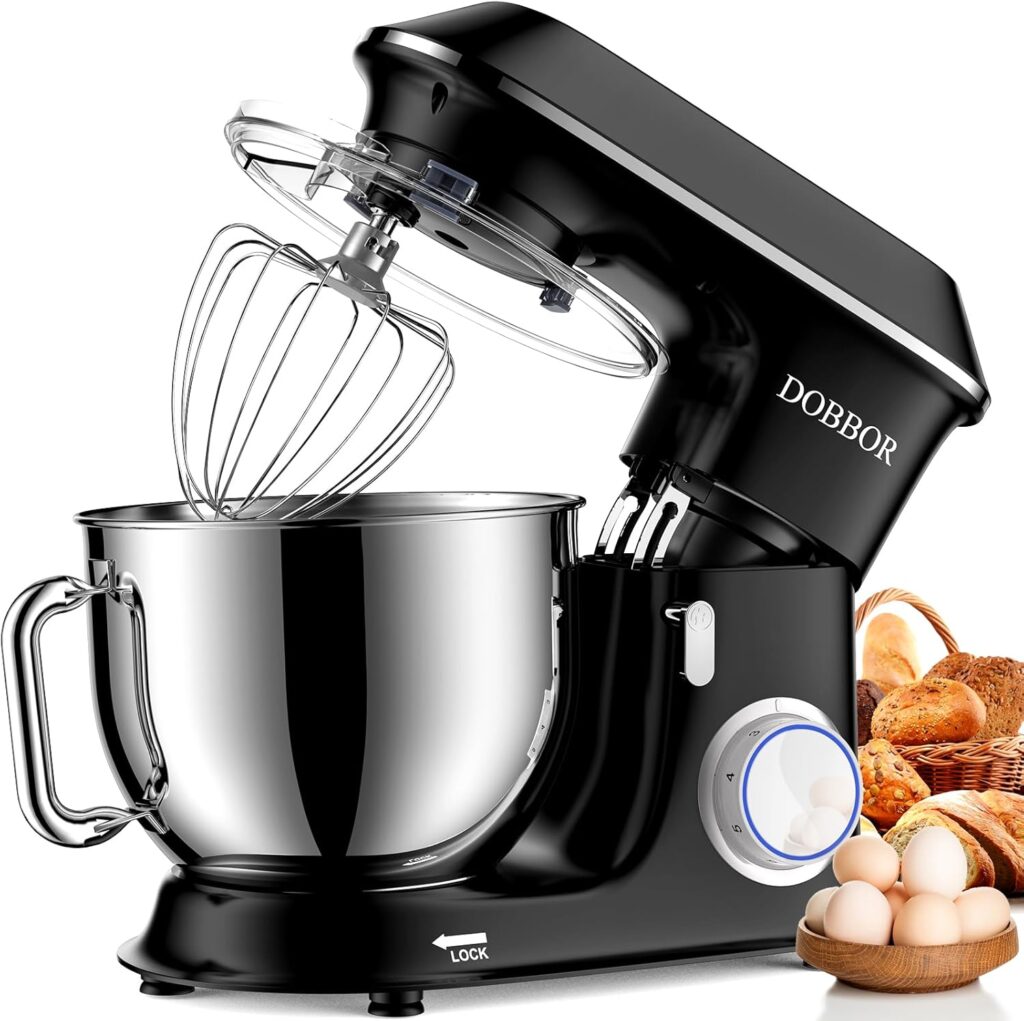 DOBBOR Electric Stand mixer, 9.5QT 660W 6 Speeds Tilt-Head Dough Mixers, Bread Mixer with Dough Hook, Whisk, Beater, Splash Guard for Baking Bread, Cake, Cookie, Pizza, Muffin, Salad and More – Black