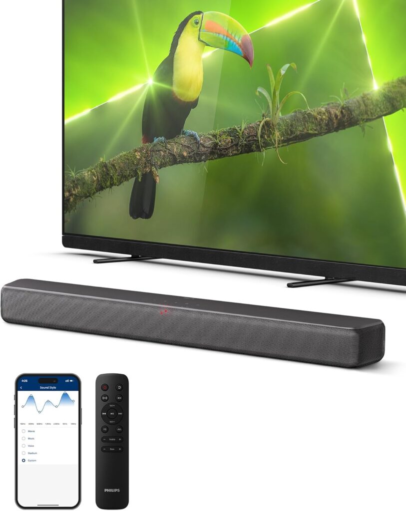 PHILIPS B5109 Sound Bar for TV, 2.0 Channel Sound,DTS Virtual:X,Dolby Digital Plus,BT LE Audio,EQ Effects,Night Mode,Easy Setup, EasyLINK,Roku TV Ready,Remote/APP Control,Darkgrey