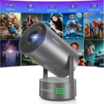 Projector with WiFi and Bluetooth, Mini Portable Projector with Built-in Rechargeable Battery for Outdoor, 1080P Supported, Electric Focus & Auto Keystone, Home Theater with 210° Mount