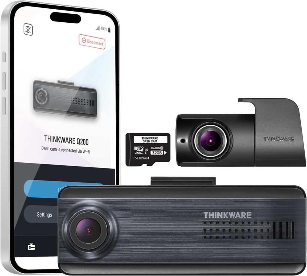 Thinkware Dual Dash Cam, Q200 Front & Rear, 2K QHD with Super Night Vision 2.0, Parking Mode, Wi‑Fi, ADAS, GPS Optional
