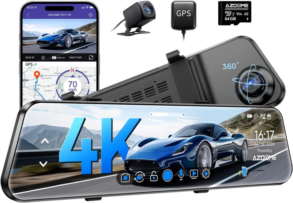 AZDOME PG17 12″ 4K Mirror Dash Cam Front and Rear, Wi-Fi 6 Rear View Mirror Camera with 64GB Card, Voice Control Dash Camera for Car, Rearview Mirror Camera with GPS Night Vision Parking Assistance