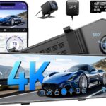 AZDOME PG17 12″ 4K Mirror Dash Cam Front and Rear, Wi-Fi 6 Rear View Mirror Camera with 64GB Card, Voice Control Dash Camera for Car, Rearview Mirror Camera with GPS Night Vision Parking Assistance