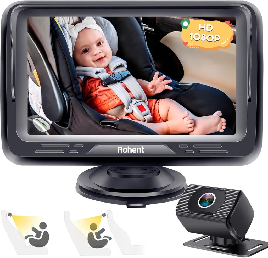 Rohent Baby Car Camera HD 1080P – Rear-Facing Infant Monitor with Night Vision Car Camera for Baby 150° Wide-Angle Lens Anti-Glare Screen Easy Install 360° Adjustable Display