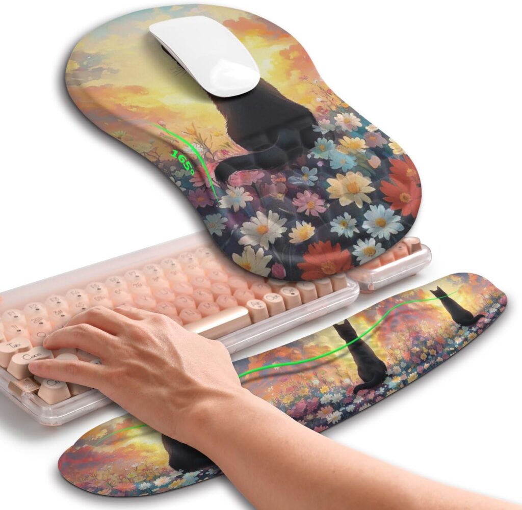 Hokafenle 2in1 Combination, Wave Keyboard Wrist Rest and Ergonomic Curvature Mouse Pad Wrist Support for Relieve Wrist Pain, Filled with Soft Cushion Memory Foam, Wishing Cat