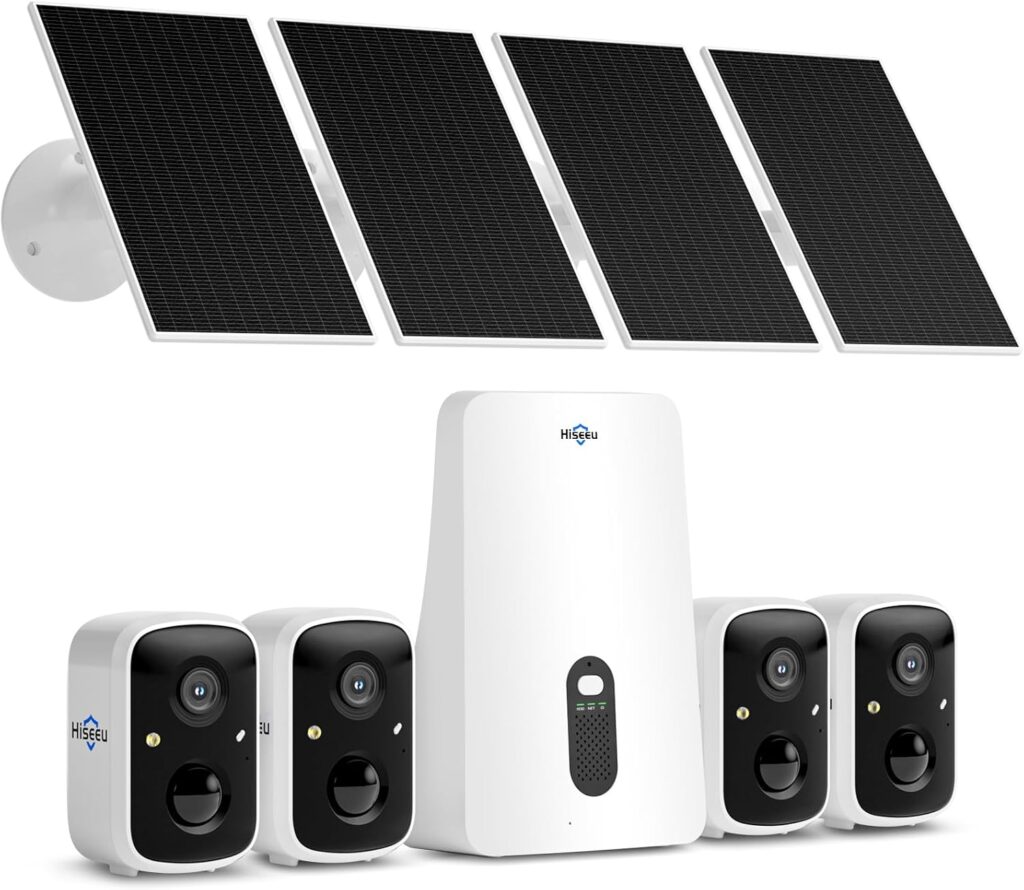 Hiseeu Solar Security Cameras Wireless Outdoor System, 4 Cam-Kit, Expandable to 10CH, No Monthly Fee, Solar-Powered, Home Security Cameras System with 2K Color Night Vision, Easy Setup, 2.4G & 5G WiFi