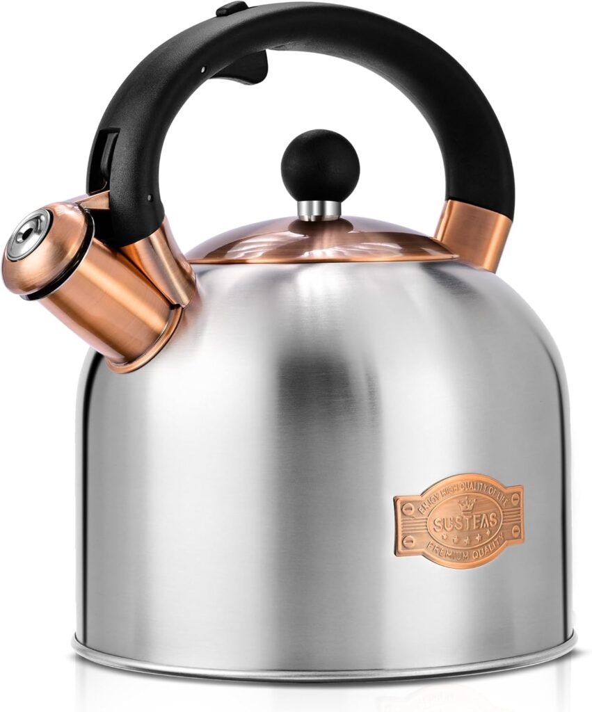 SUSTEAS Tea Kettle – 3.17QT Whistling Kettle with Ergonomic Handle – Premium Stainless Steel Tea Pots for Stove Top, Chic Vintage Teapot with Composite Base, Work for All Stovetops (Silver)