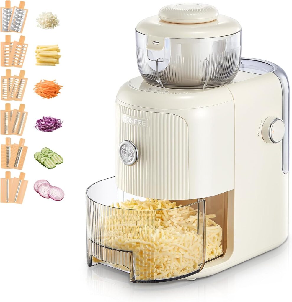 FOHERE Multifunctional Electric Cheese Grater, 6 Blades & 1.8L Container Nut Chopper, Vegetable Slicer, Food Slicer for Onion, Carrot, Cucumber (White)