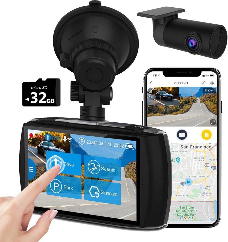 Z-Edge T4 Dash Cam Front and Rear, 4K Dual Dash cam, 2K+1080P Front and Rear, Touch Screen WiFi Car Camera, WDR, Night Vision, G-Sensor, Loop Recording, 24 Hours Parking Mode, Support 512GB Max
