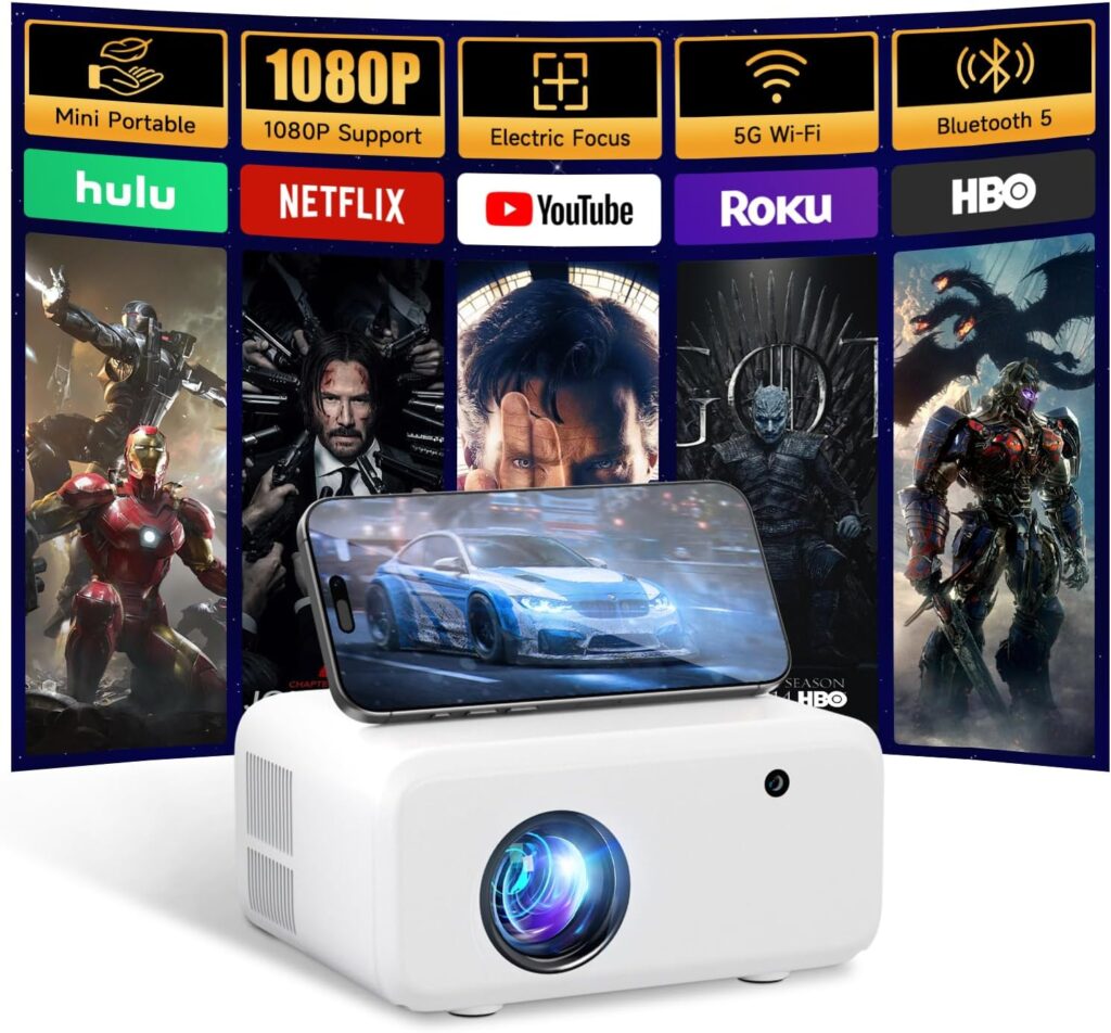 Mini Projector with WiFi and Bluetooth – 2025 Upgraded, 1080p Video Supported, 13000L, HiFi Speaker, Long-Life Lamp, Multi-Device Compatible – Create Your Portable Home Cinema for Bedroom