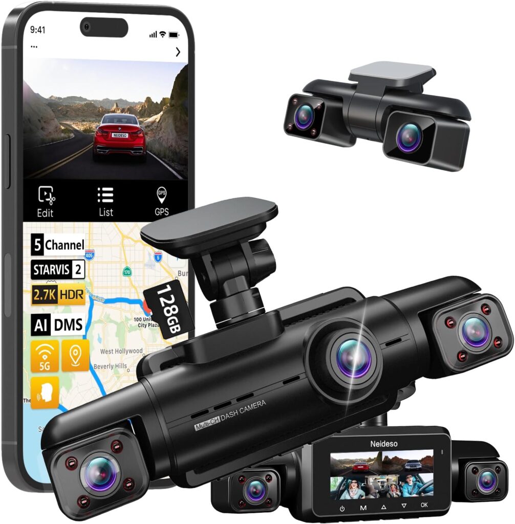 5 Channel Dash Cam Front and Rear Inside with STARVIS 2 IMX675, 360° Car Camera 2.7K HDR+4x1080P, AI Dashcam with Driver Monitor, Built-in GPS 5G WiFi, 128G Card,Night Vision, 24H Parking Mode