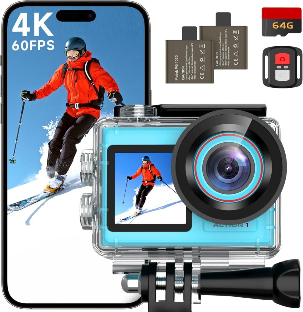 4K60FPS 30MP Action Camera with Front LCD and Touch Rear Screens, Underwater Camera with 64GB Memory Card, 132FT Waterproof Camera, EIS, 5X Zoom, WiFi Remote Control(Blue)