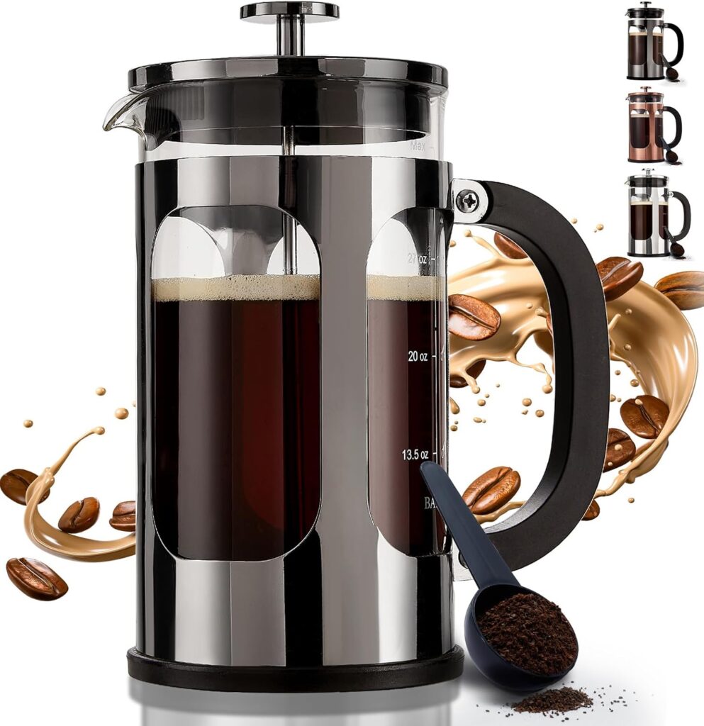 BAYKA French Press Coffee Maker, Large 304 Stainless Steel Coffee Press, Cold Brew Heat Resistant Thickened Borosilicate Coffee Pot for Camping Travel Gifts, 34 Ounce, Dark Pewter