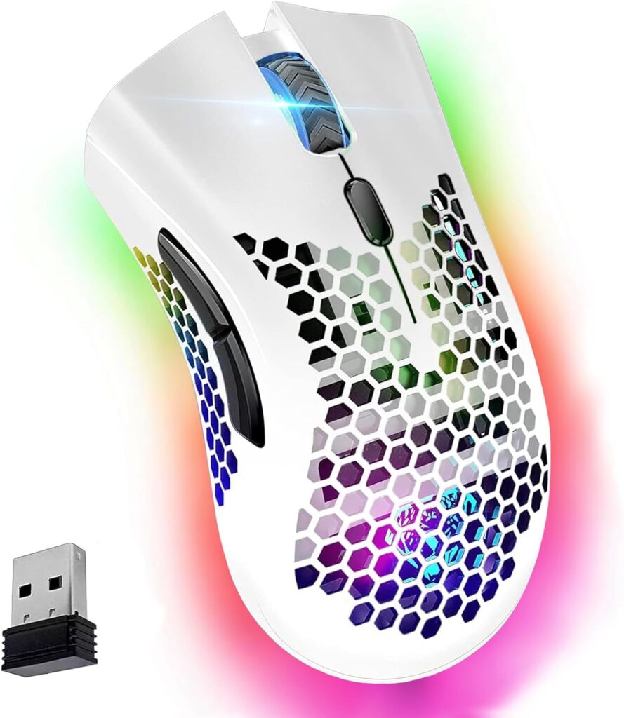 VEGCOO Wireless Gaming Mouse, Silent Click Wireless Rechargeable Mouse with Colorful LED Lights and 3 Level DPI 400mah Lithium Battery for Laptop and Computer (C23 White)