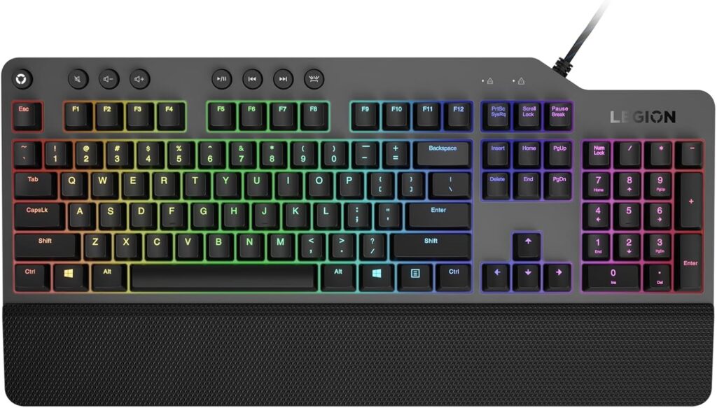 Lenovo GY40T26478 Legion K500 RGB Mechanical Gaming Keyboard, 3 ZONE Full-size Keyboard, 7 user Programmable Hot Keys; 16.8 Million Colors, 50 Million-Click Red Mechanical Keys, Detachable Palm Rest
