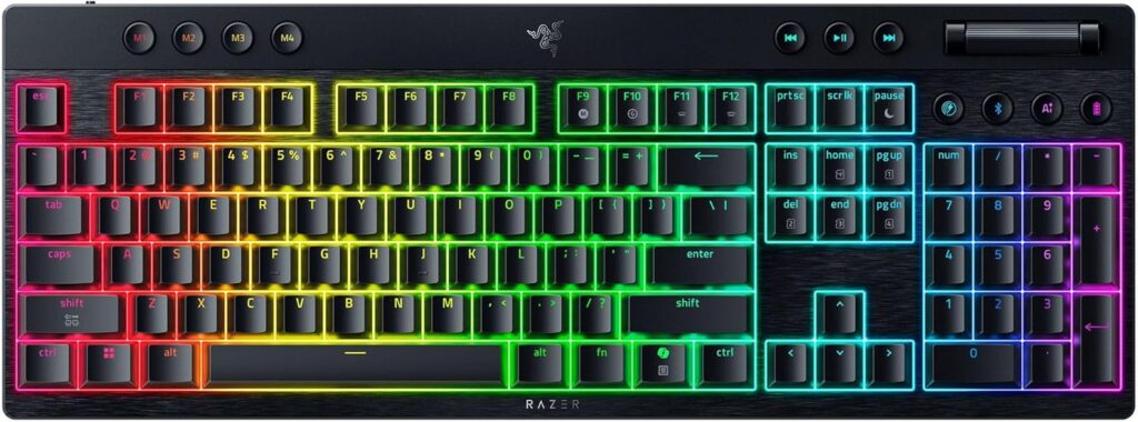 Razer BlackWidow V4 Low Profile HyperSpeed Wireless Gaming Keyboard: Green Mechanical Switches – 2.4GHz Wireless & Bluetooth – Multi-Function Roller – 11 Control Buttons – Long Battery Life