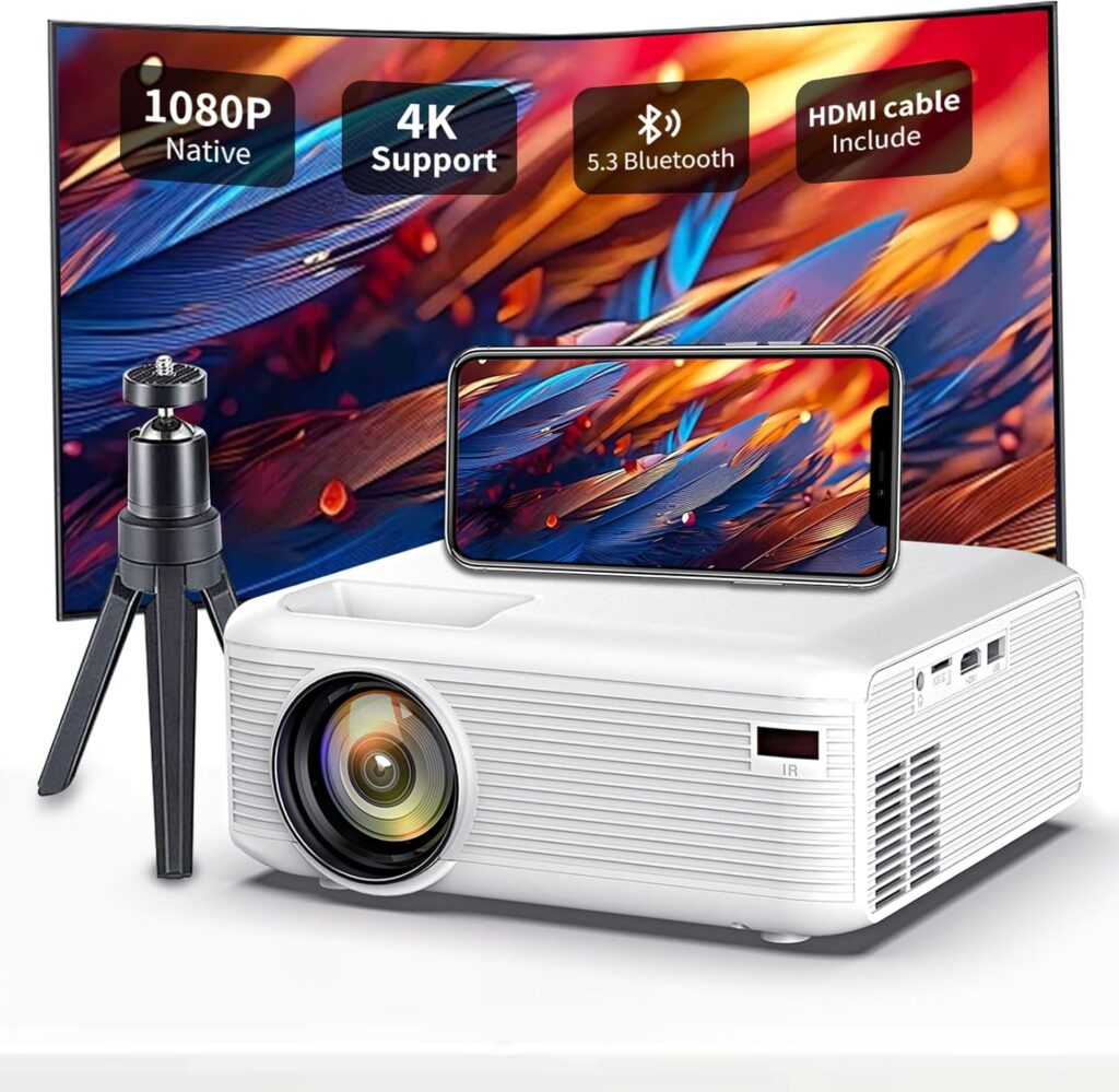 Mini Bluetooth Projector , 1080P projector 4k , projector for iphone, portable/outdoor/room/wall projectorr, compatible with Android/iOS/PS5/TV stick/laptop/USB/HDMI/USB (white)