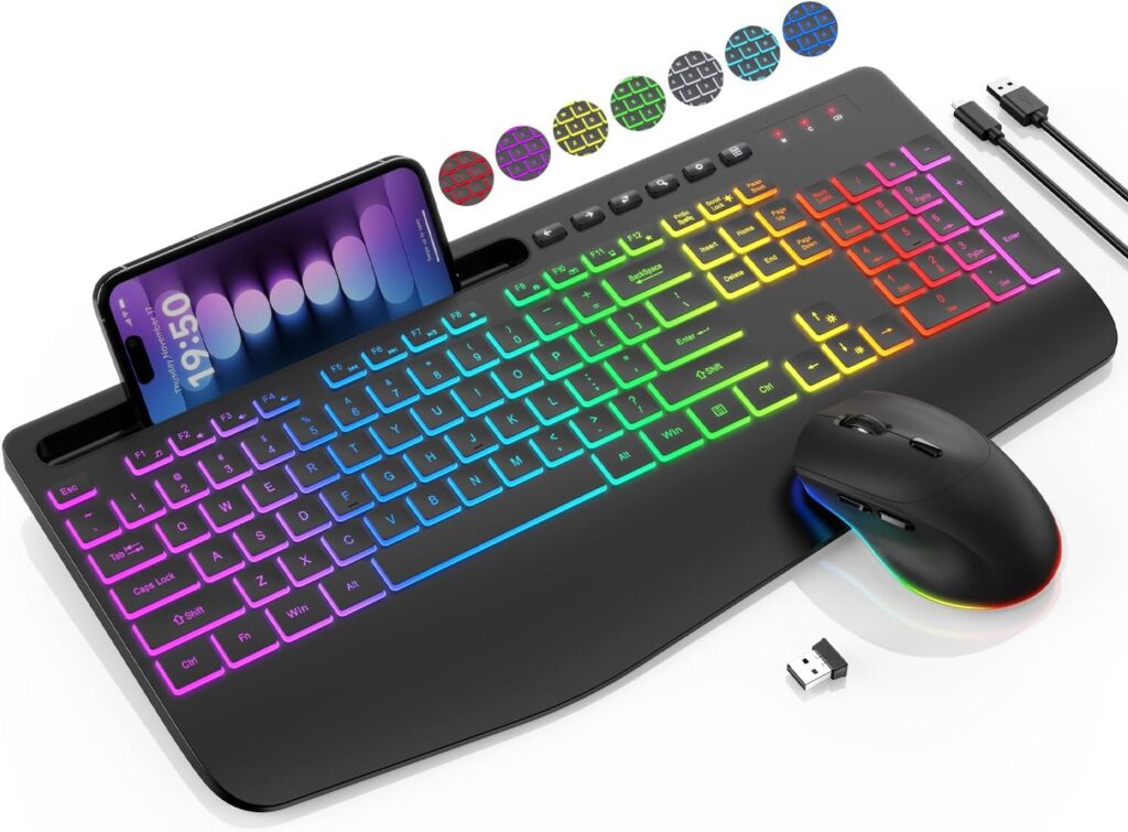 Wireless Keyboard and Mouse Combo – 9 Backlit Effects, RGB, Ergonomic Wrist Rest, Phone Holder, 2.4G Full Size, Rechargeable, Sleep Mode, Quiet Keyboard Set for Computer, PC, Laptop, Mac, Windows