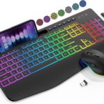 Wireless Keyboard and Mouse Combo – 9 Backlit Effects, RGB, Ergonomic Wrist Rest, Phone Holder, 2.4G Full Size, Rechargeable, Sleep Mode, Quiet Keyboard Set for Computer, PC, Laptop, Mac, Windows