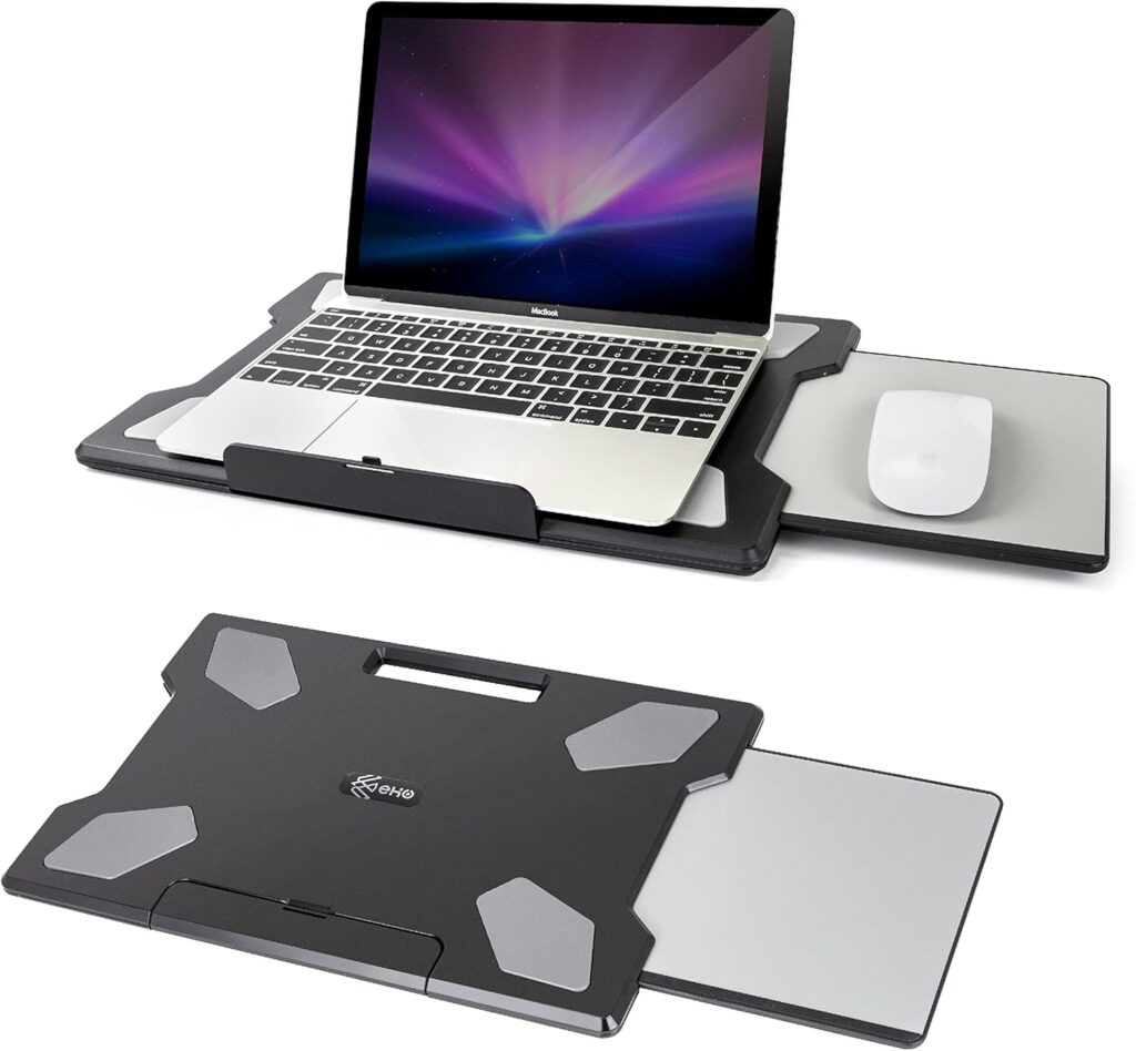 EHO Laptop Lap Desk with Retractable Mouse Pad, Portable Ergonomic Lap Pad with Heat Shield and Foldable Stopper, Lightweight Travel Lapdesk Fits up to 16″ Laptops, Bed Sofa or Work Use