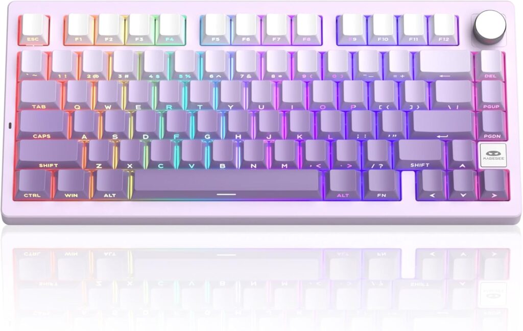 MageGee LIGHT75 Wireless Creamy Keyboard, Gasket Structure Hot Swappable, 75% Compact 2.4G/USB-C/BT5.0 RGB Backlit Gaming Keyboard for Win/Mac/PC, Side Printed PBT Keycaps, 4000mAh Battery, Purple