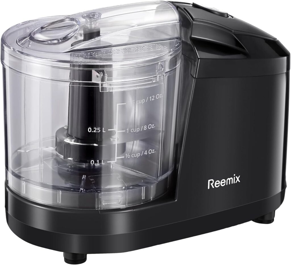 Reemix 1.5-Cup One-Touch Electric Food Chopper, 100W Mini Food Processor Meat Grinder, Mix, Chop, Mince and Blend Vegetables, Fruits, Nuts, Meats, Stainless Steel Blade (Black)