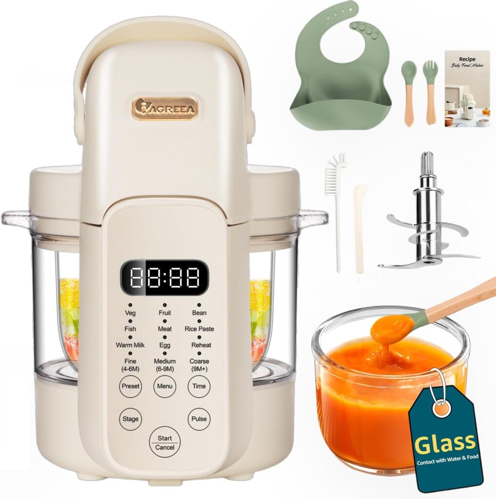 IAGREEA Glass Baby Food Maker, One Step Baby Food Processor Steamer Puree Blender Grinder Mills Machine, Auto Cooking & Grinding for Healthy Homemade Baby Food with 3 Age Stages, BPA-Free