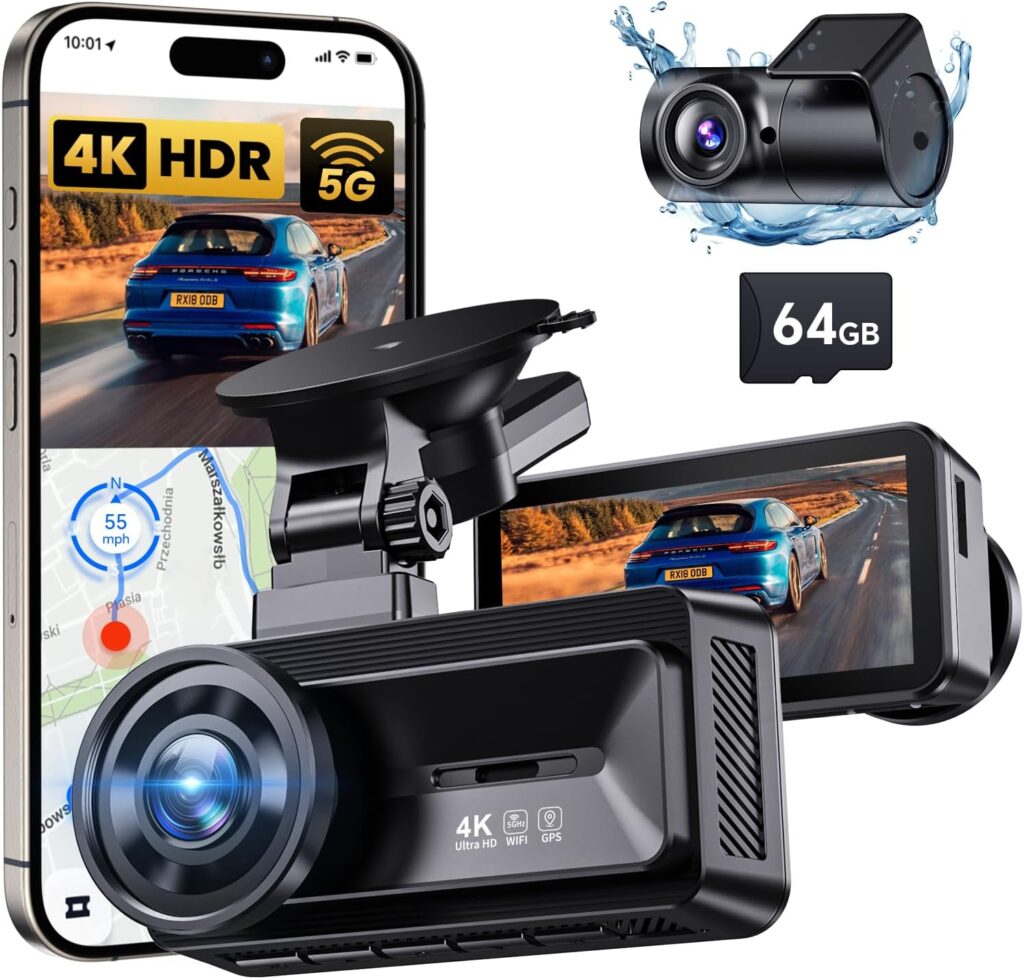 COOLCRAZY Dash Cam Front Rear – 4K+1080P Full HD Dashcam Free 64GB Card, with 5G WiFi GPS, Dual Dash Camera for Cars with 3″ IPS Screen, Night Vision, HDR, App Control, 24H Parking Mode, Loop Record