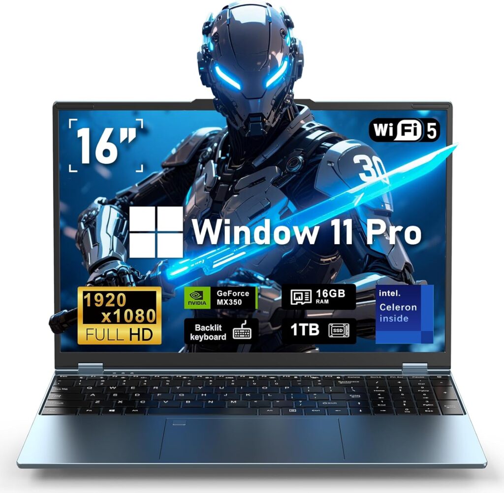 Gaming Laptop,Laptop Computer 2025,Win 11 Pro 16 Inch Lap Top,16GB RAM 1TB SSD PC,MX350 Graphics,N95 4C/4T Processor(up to 3.4Ghz),Backlit Keyboard,16”FHD 1920 * 1200 Display,WiFi 5,BT4.0