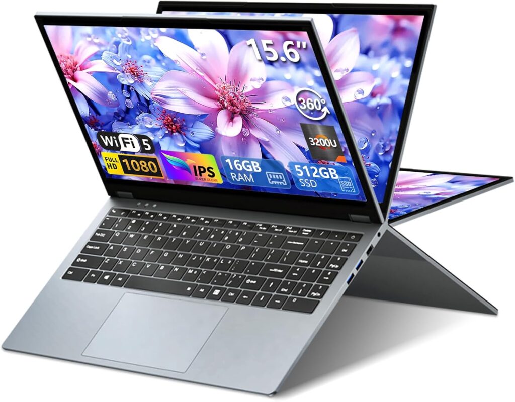 15.6 Inch 2 in 1 Touchscreen Laptop Computer, Laptop Ryzen R3-3200U CPU (up to 3.5GHz), 16GB RAM 512GB SSD Touch Screen Laptops, 360 Angle Opening RJ45 WIFI5 HDMI Backlit Keyboard FHD IPS 1920 x 1080