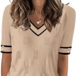 AKEWEI Womens V Neck Sweater Short Sleeve Lightweight Knit Summer Fall Tops with Decorative Buttons