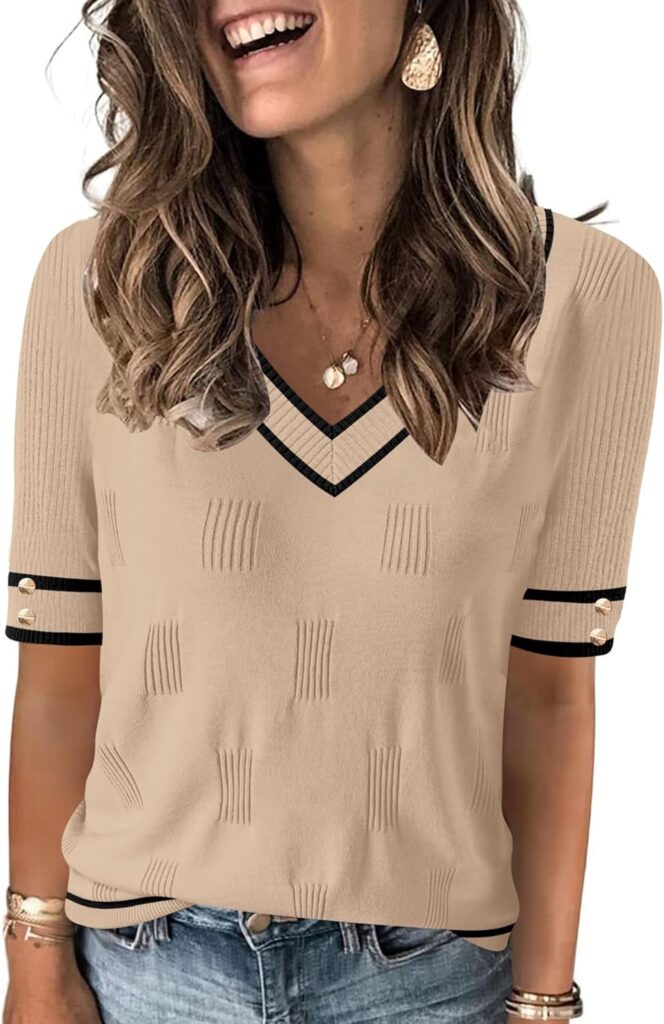 AKEWEI Womens V Neck Sweater Short Sleeve Lightweight Knit Summer Fall Tops with Decorative Buttons