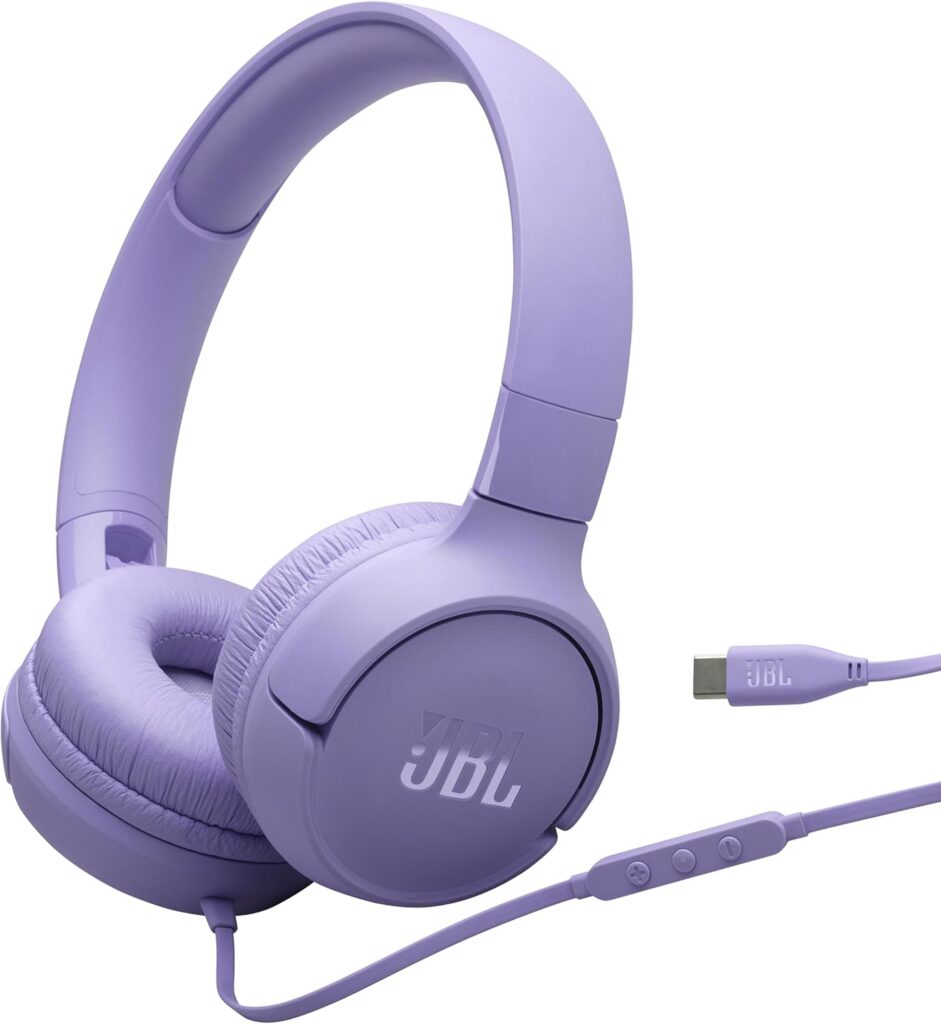 JBL Tune 520C – USB-C Wired on-Ear Headphones with Hi-Res Audio Support, Pure Bass Sound, Comfort fit, USB-C connectivity, 3-Button Remote with Microphone and EQ presets Control (Purple)