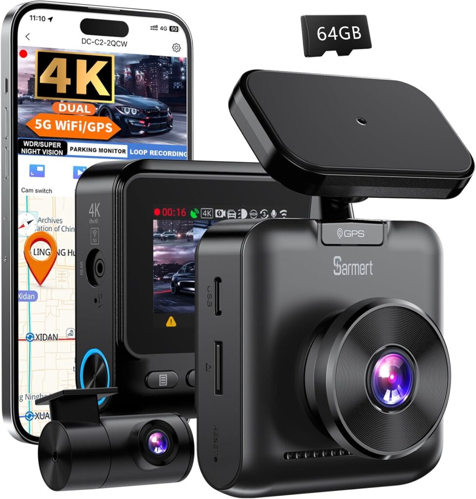 Sarmert C2 4K Dual Dash Cam Front and Rear – Built-in GPS and 5G WiFi, Free 64GB Card Included, 4K UHD Dash Camera for Cars, Night Vision, WDR, Loop Recording, App Control, 24H Parking Mode