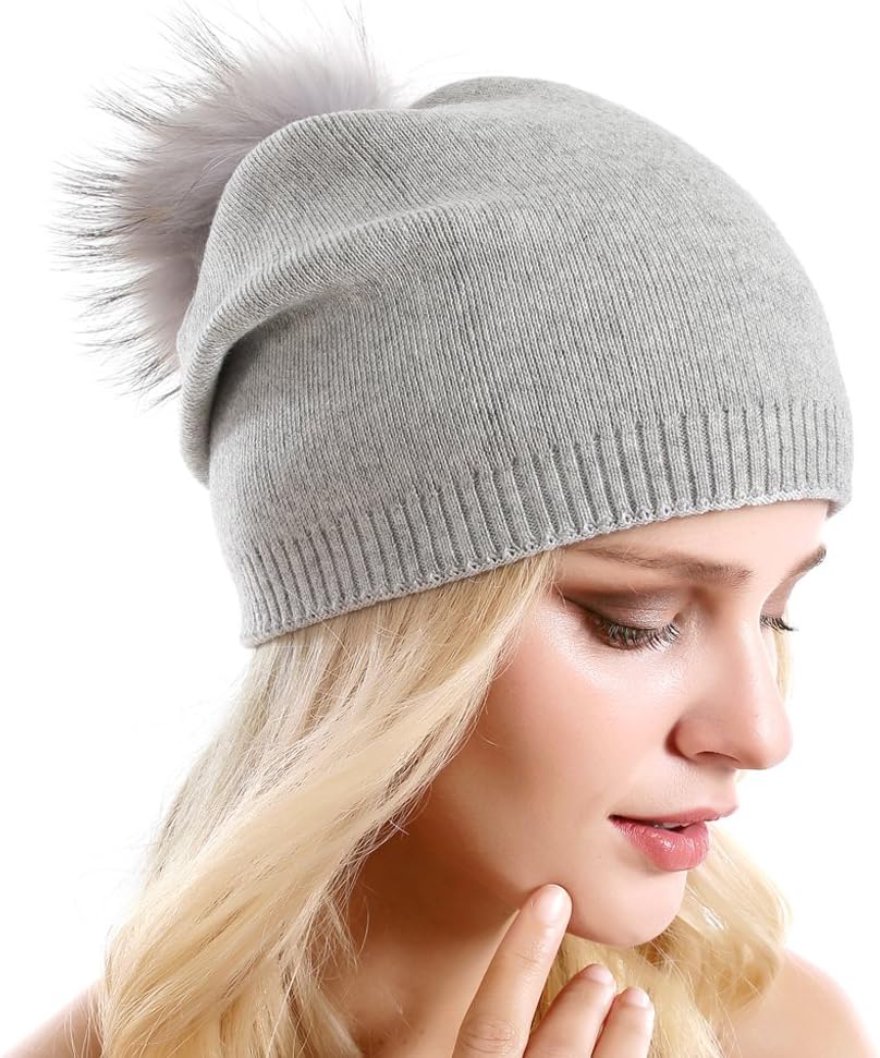 Women Knit Wool Beanie – Winter Fashion Solid Wool Hats Real Removable Raccoon Fur Pom Pom Warm Ski Beanie