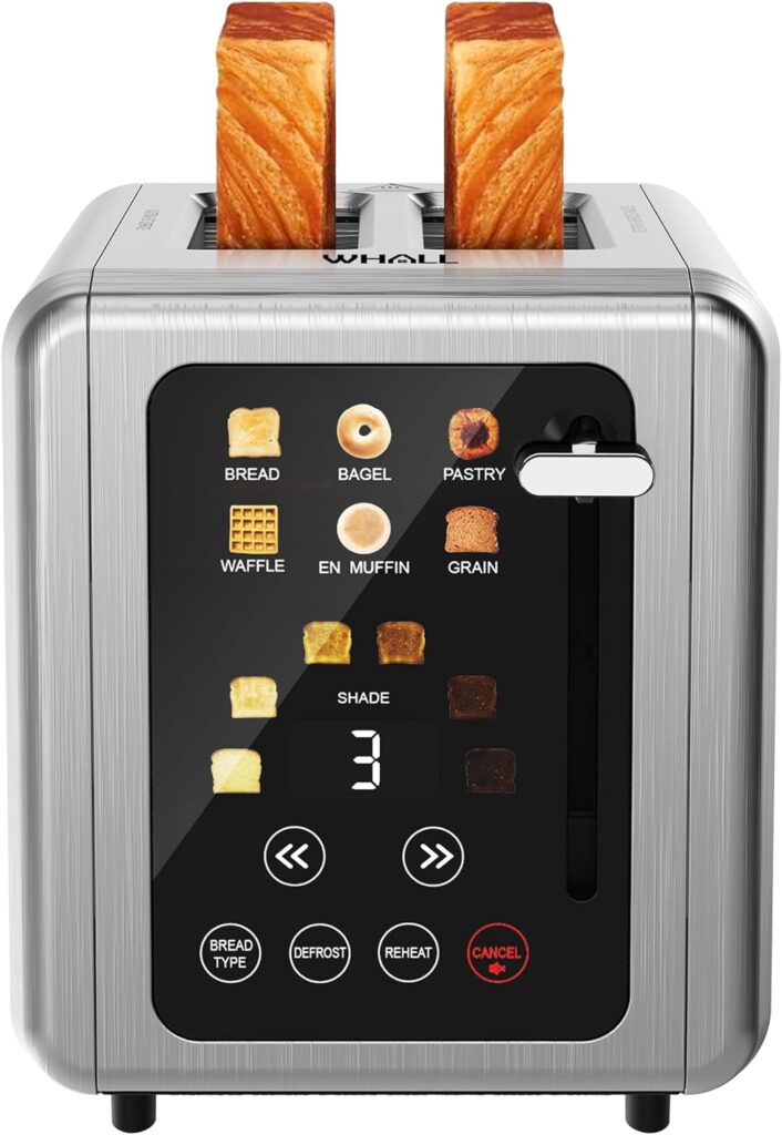 WHALL Touch Screen Toaster 2 Slice, Stainless Steel Digital Timer Toasters with Sound Function, Smart Extra Wide Slots Toaster with Bagel, Cancel, Defrost (silver)