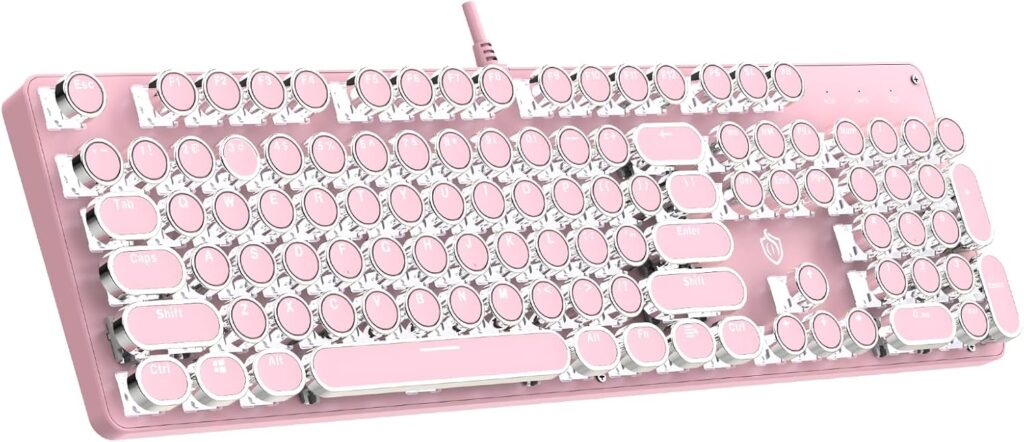 Typewriter Mechanical Gaming Keyboard with White Light Backlit Red Switches, 104 Keys Retro Round Keycap, Wired Typewriter Style Comfortable Typing Soud (Pink LED)
