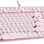 Typewriter Mechanical Gaming Keyboard with White Light Backlit Red Switches, 104 Keys Retro Round Keycap, Wired Typewriter Style Comfortable Typing Soud (Pink LED)