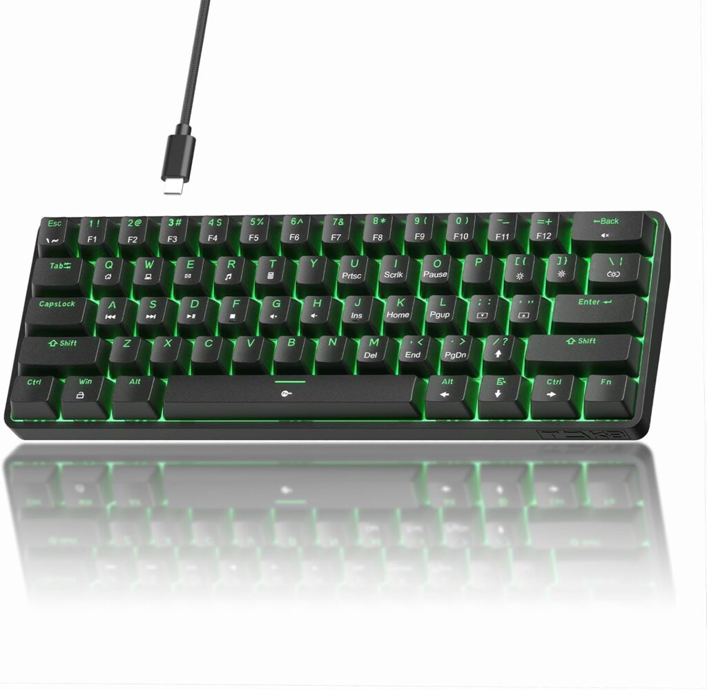 TMKB 60% Mechanical Gaming Keyboard, Red Linear Switch, LED Backlight, Anti-Ghosting, Detachable USB-C, Double-Shot Keycaps, 61 Keys, Wired, Black