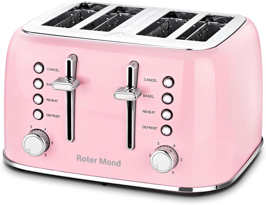 Roter Mond Toaster 4 Slice Retro Stainless Steel with Extra Wide Slots Bagel, Defrost, Reheat Function, Dual Independent Control Panel, Removable Crumb Tray, 6 Browning Levels, Pink