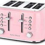 Roter Mond Toaster 4 Slice Retro Stainless Steel with Extra Wide Slots Bagel, Defrost, Reheat Function, Dual Independent Control Panel, Removable Crumb Tray, 6 Browning Levels, Pink