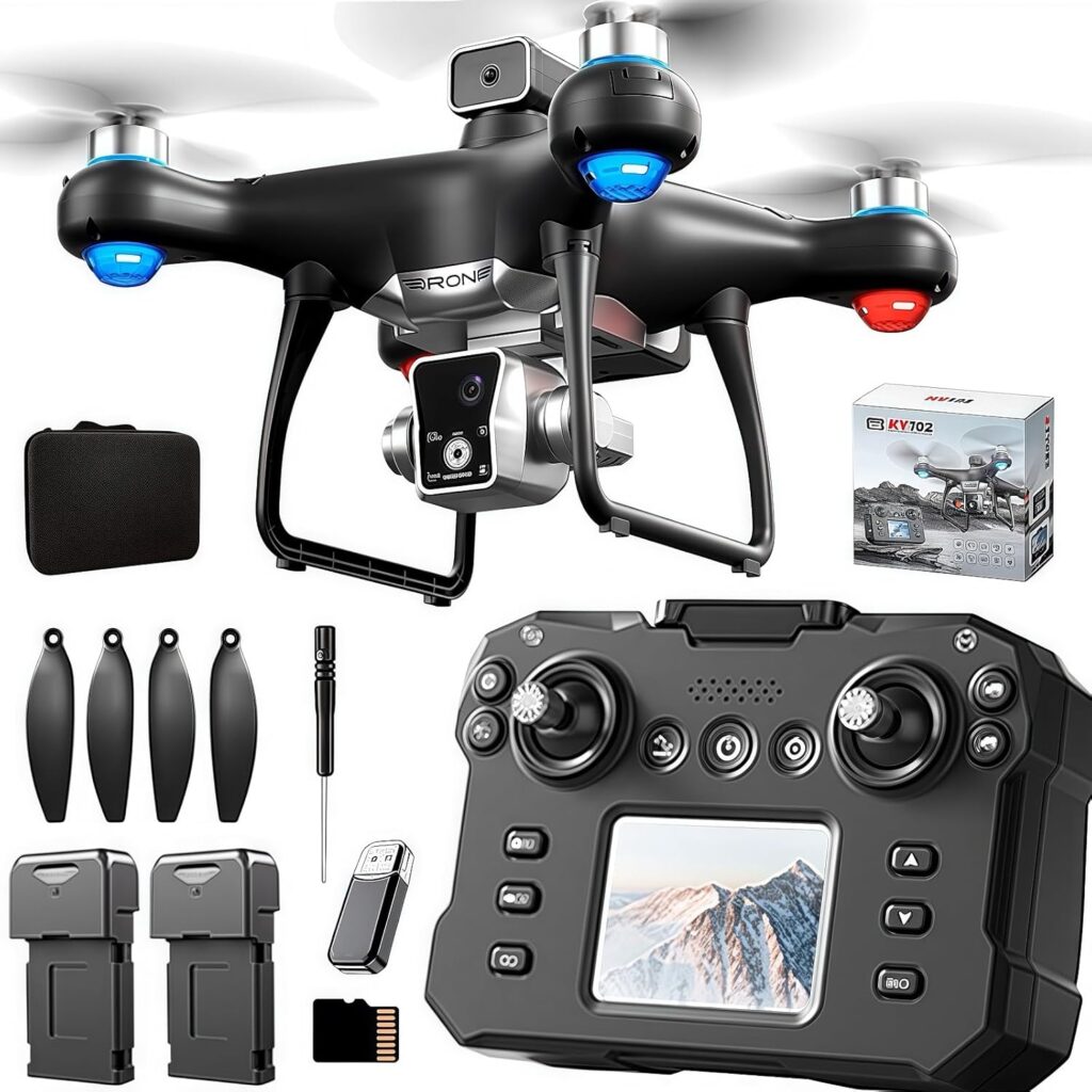 KY102 Drone with Screen Controller with SD card, Brushless Motor, Optical Flow Localization, Active Obstacle Avoidance, 2 batteries, One Key Take Off/Landing. (2 batteries – Black)