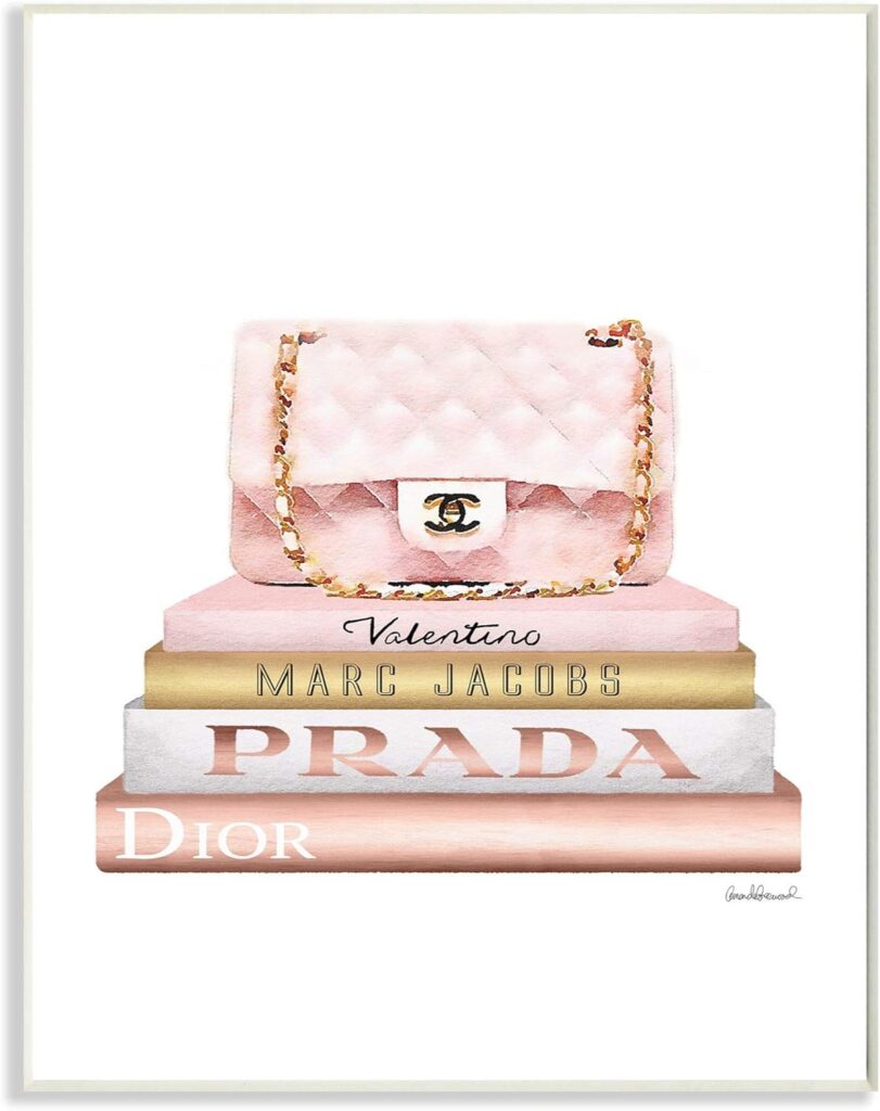 Stupell Industries Fashion Designer Purse Bookstack Pink White Gold Watercolor Wall Plaque Art, 10 x 15, Multi-Color